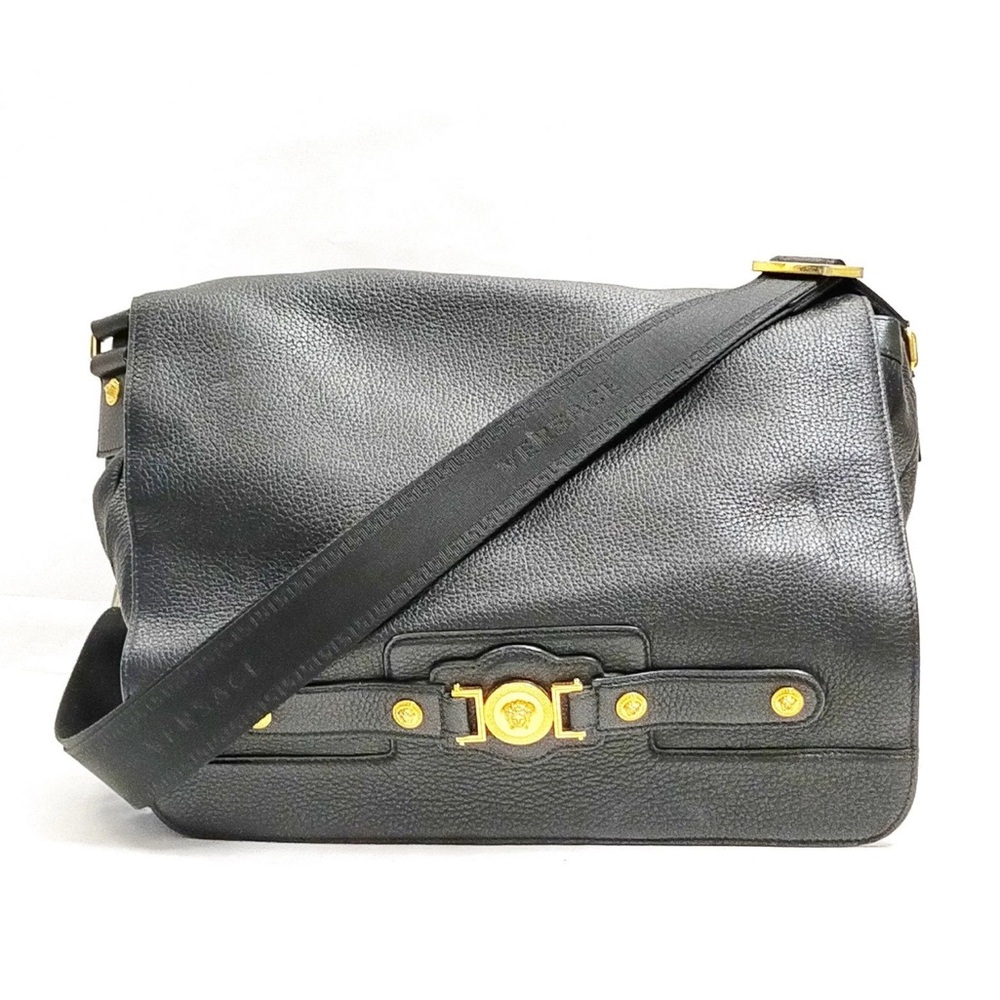 Versace Black Leather Men's Messenger Bag